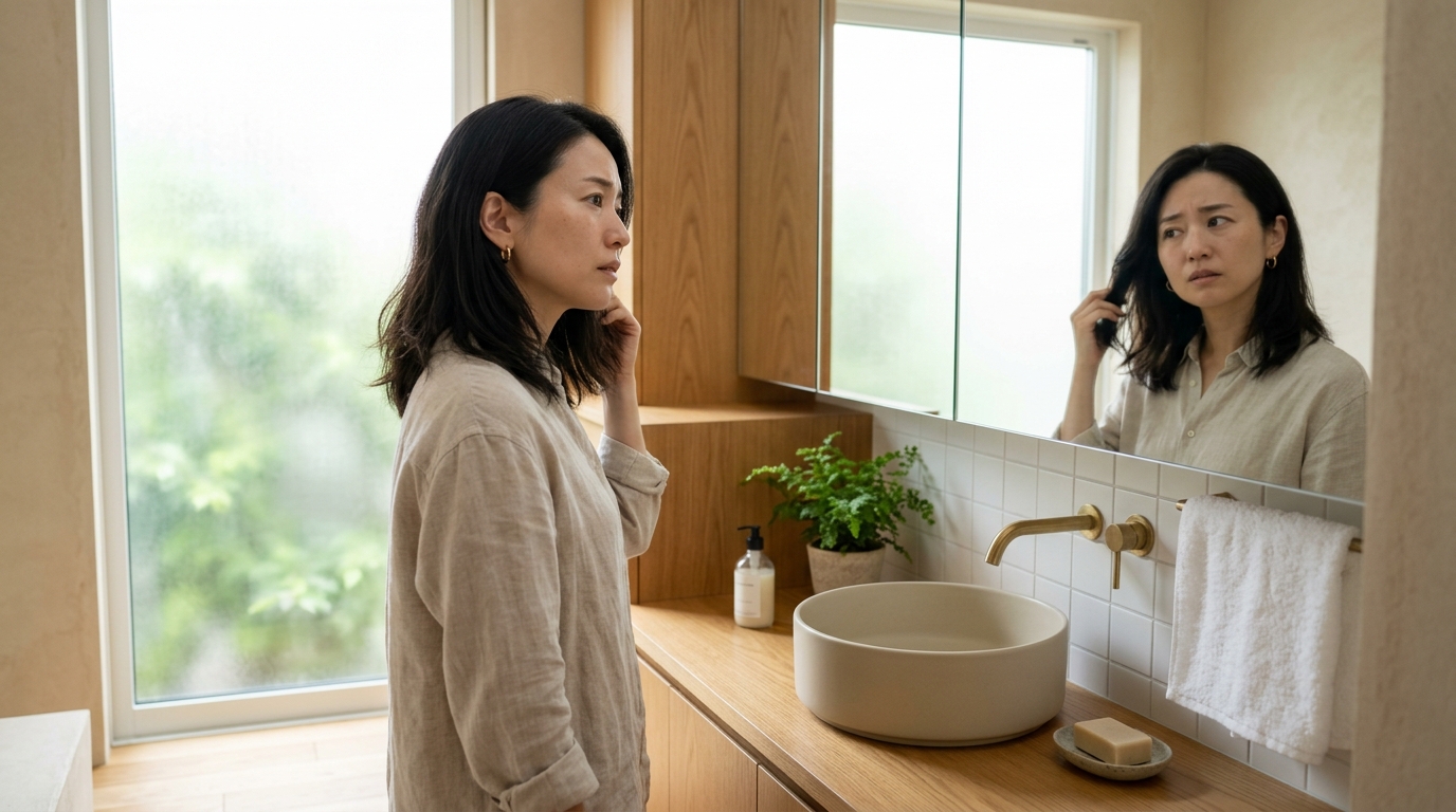 バスルームで髪のケアに悩む女性