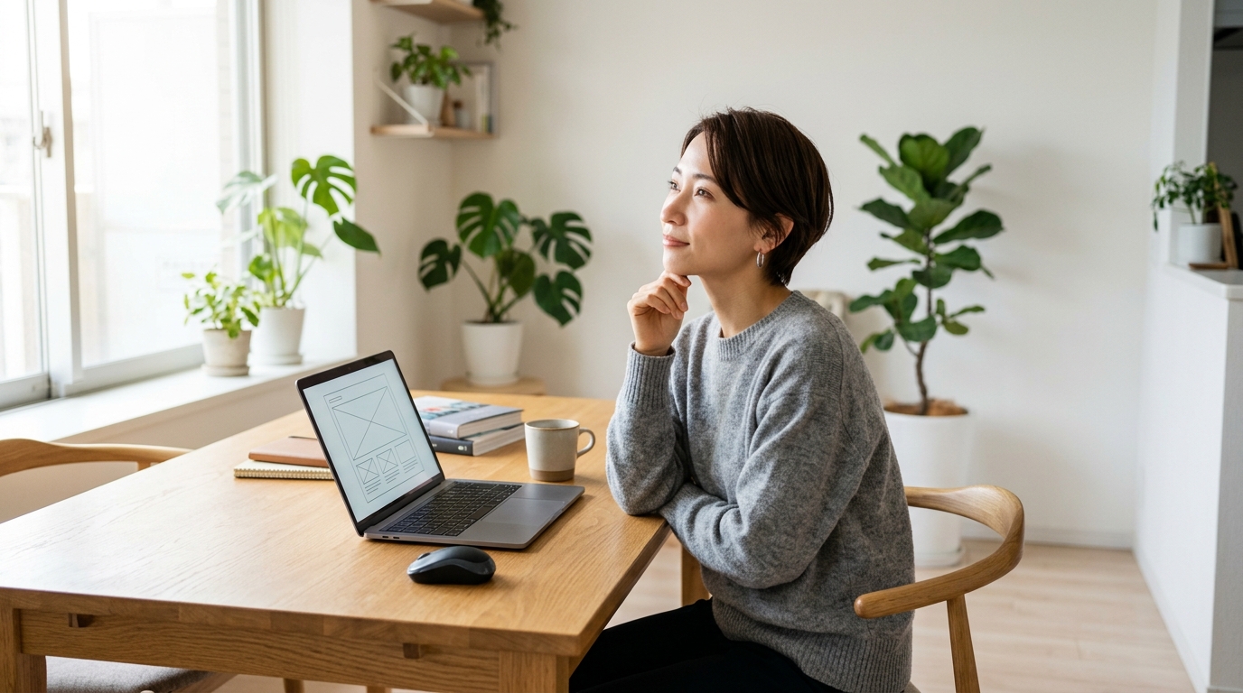 自宅デスクでWebデザイン学習と将来の働き方に希望を抱く女性